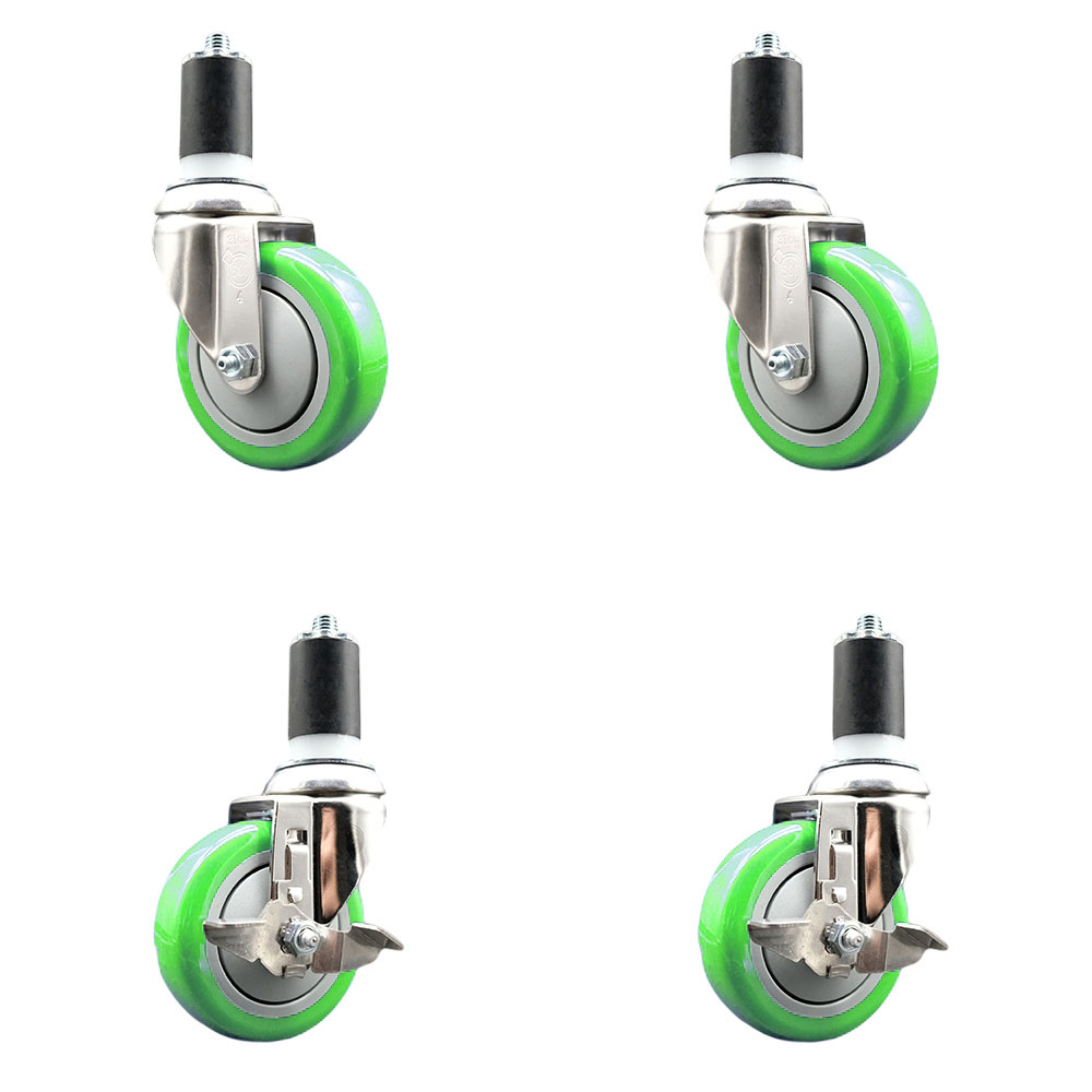 Polyurethane Swivel Stem Caster with 4 in. Green Caster Wheels, 1.5 in. Expanding Stems - 316 Stainless Steel Casters - Set of 4
