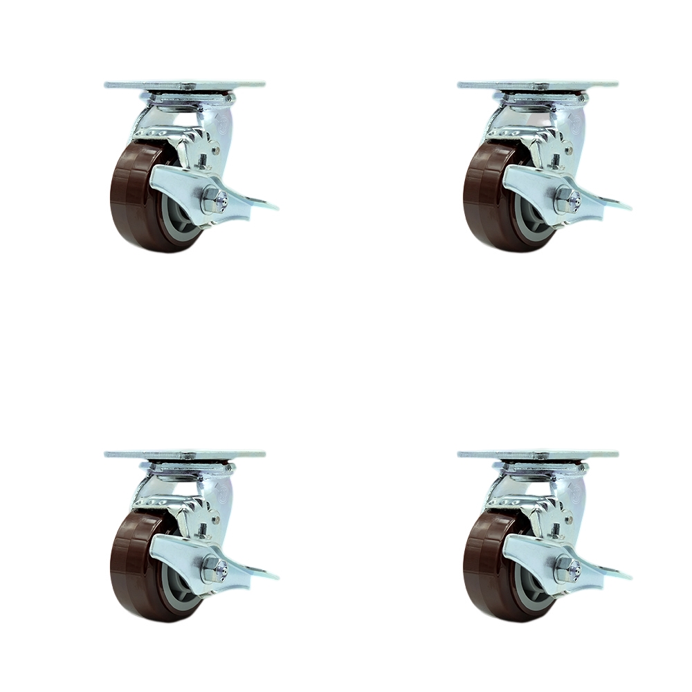 SCC-SS30S420-PPUR-TLB-4 Stainless Steel Polyurethane Swivel Top Plate Casters, Heavy Duty with 4 in. Wheels - 2400 lbs Total Capacity - Set of 4
