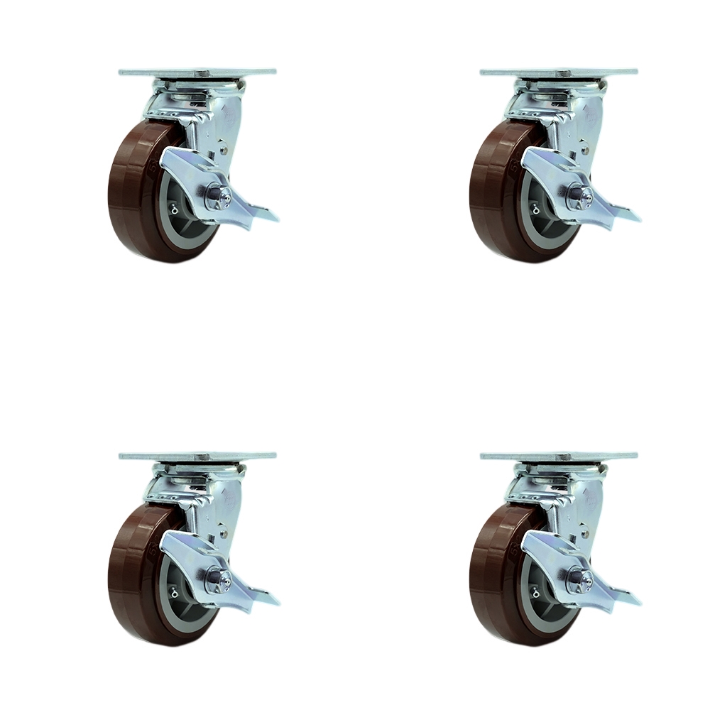 SCC-SS30S520-PPUR-TLB-BSL-4 Stainless Steel Polyurethane Swivel Top Plate Casters, Heavy Duty with 5 in. Wheels - Set of 4