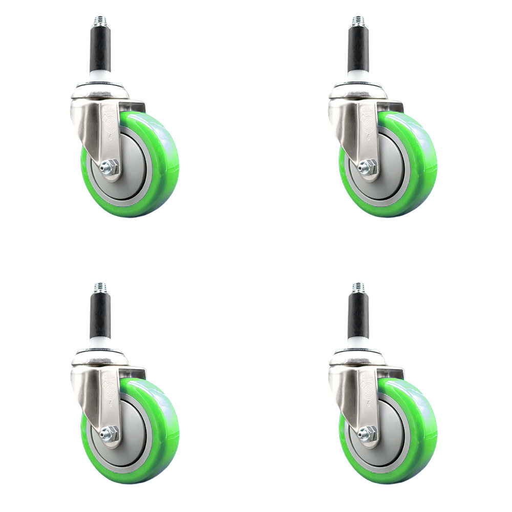 Polyurethane Swivel Stem Caster with 4 in. Green Caster Wheels, 0.75 in. Expanding Stems - 316 Stainless Steel Casters - Set of 4