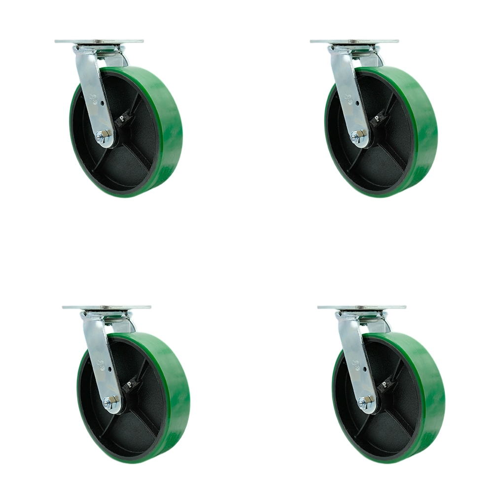 Polyurethane on Cast Iron Swivel Top Plate Casters, Heavy Duty with 8 in. Green Wheels - 5000 lbs Total Capacity - Set of 4