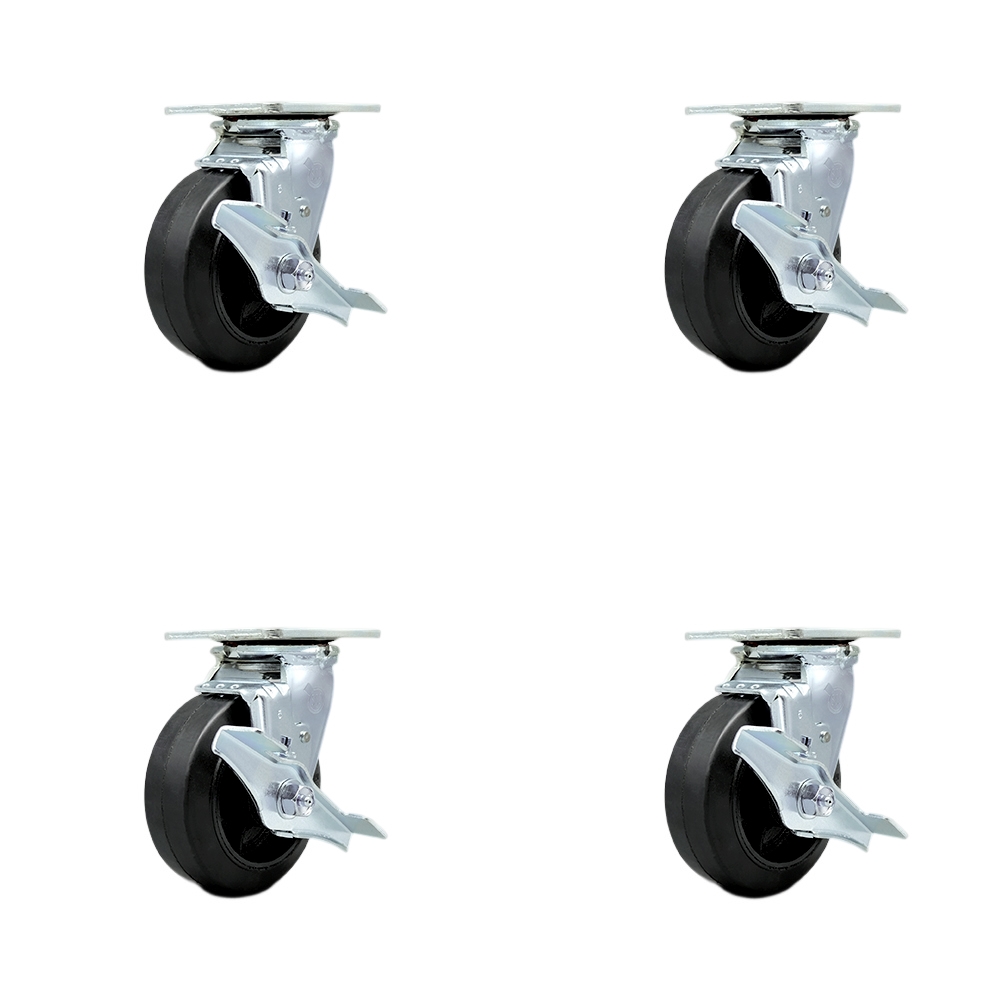 SCC-30CS520-RSR-TLB-BSL-4 Rubber on Metal Swivel Top Plate Casters, Heavy Duty with 5 in. Wheels - 1600 lbs Total Capacity - Set of 4