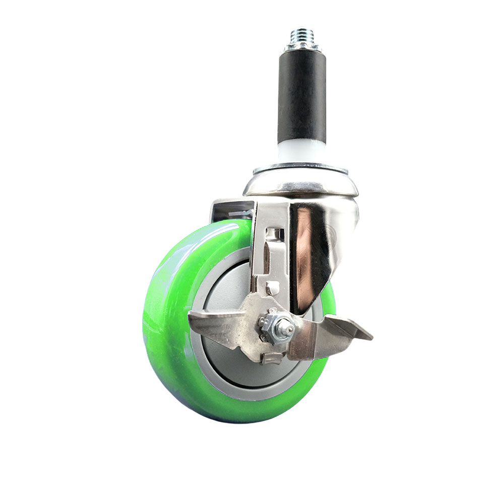 Polyurethane Swivel Stem Caster with 4 in. Green Caster Wheels & Top Lock Brake, 1 in. Expanding Stem - 316 Stainless Steel Caster