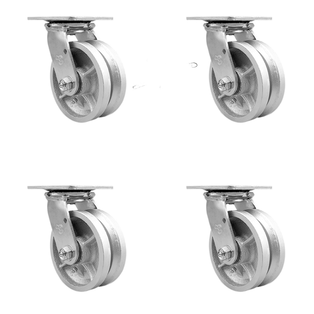 SCC-30CS520-VGR-BSL-4 V Groove Semi Steel Cast Iron Swivel Top Plate Casters, Heavy Duty with 5 in. Wheels - 4400 lbs Total Capacity - Set of 4
