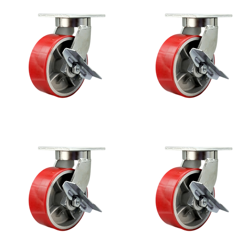 SCC-KP92S830-PUR-RS-SLB-BSL-4 8 in. Swivel Top Plate Caster Set Extra Heavy Duty Casters with Red Polyurethane on Cast Iron Wheels - Set of 4