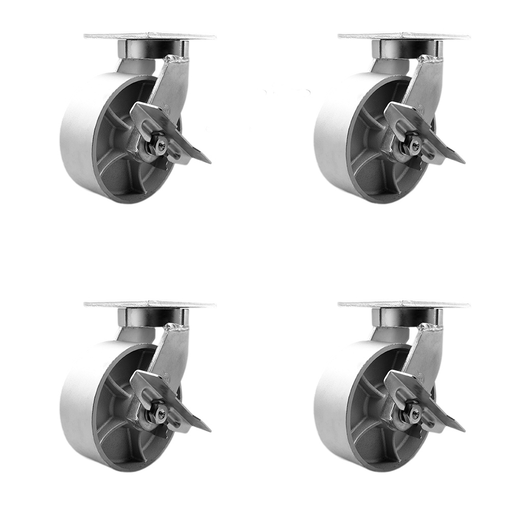 SCC-KP92S830-SSR-SLB-BSL-4 8 in. Swivel Top Plate Caster Set Extra Heavy Duty Casters with Semi Steel Cast Iron Wheels - Set of 4