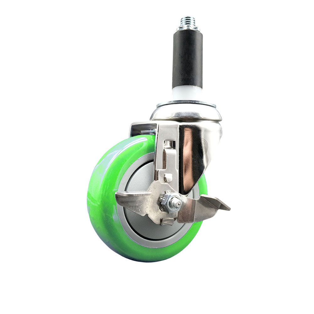 Polyurethane Swivel Stem Caster with 4 in. Green Caster Wheels & Top Lock Brake, 1.13 in. Expanding Stem - 316 Stainless Steel Caster