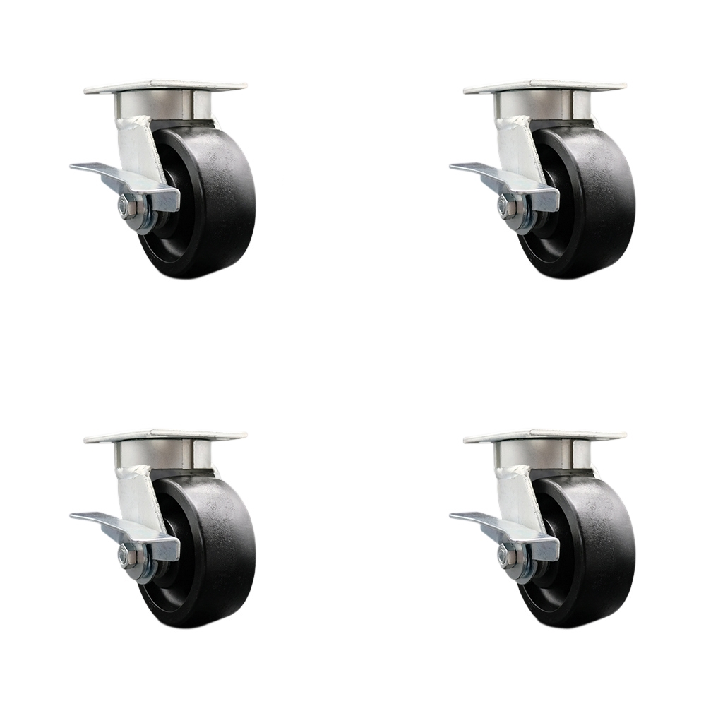 SCC-KP30S520-GFNR-SLB-BSL-4 Kingpinless Glass Filled Nylon Swivel Top Plate Caster with 5 x 2 in. Black Wheels - 5000 lbs Total Capacity - Set of 4