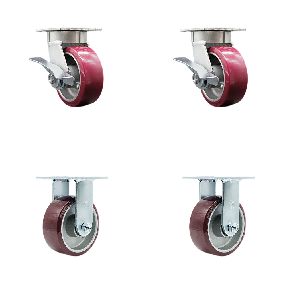 Kingpinless Polyurethane on Aluminum Swivel Top Plate Caster with 5 x 2 in. Maroon Wheels - 3600 lbs Total Capacity - Set of 4