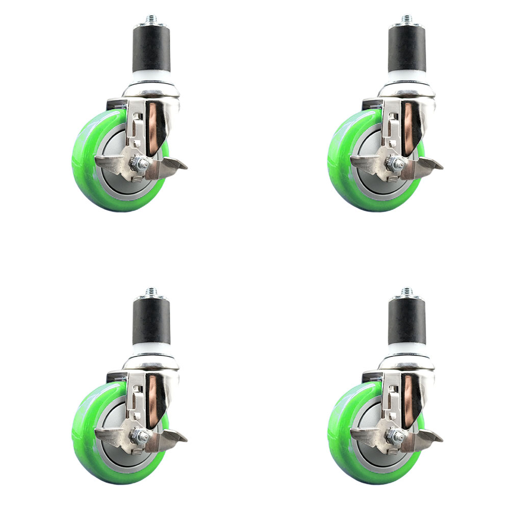 Polyurethane Swivel Stem Caster with 4 in. Green Caster Wheels, 1.75 in. Expanding Stems - 316 Stainless Steel Casters - Set of 4