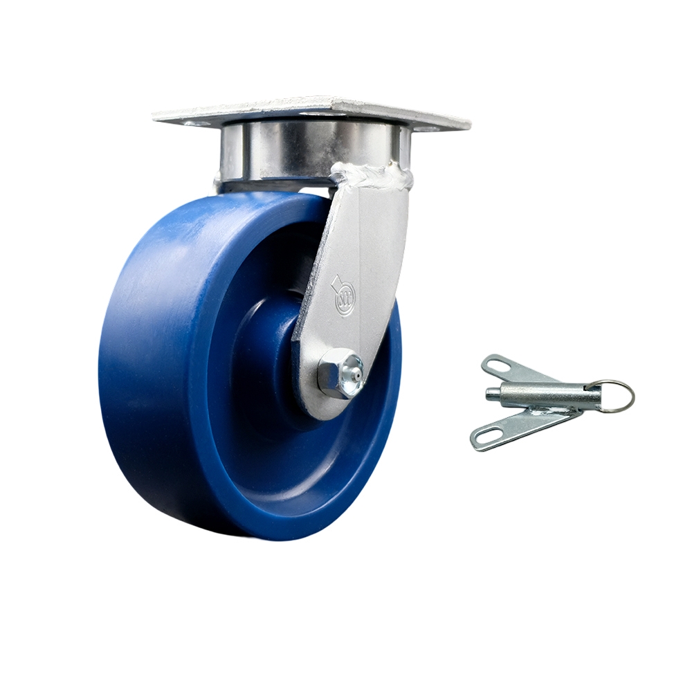 Kingpinless Solid Polyurethane Swivel Top Plate Caster with 6 x 2 in. Blue Wheel & Bolt on Swivel Lock - 1200 lbs Capacity per Caster