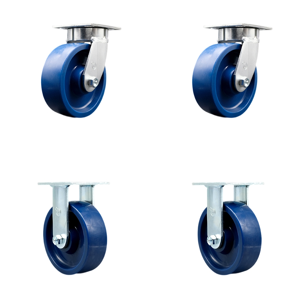 SCC-KP30S620-SPUR-2-R-2 Kingpinless Solid Polyurethane Swivel Top Plate Caster with 6 x 2 in. Blue Wheels - 4800 lbs Total Capacity - Set of 4