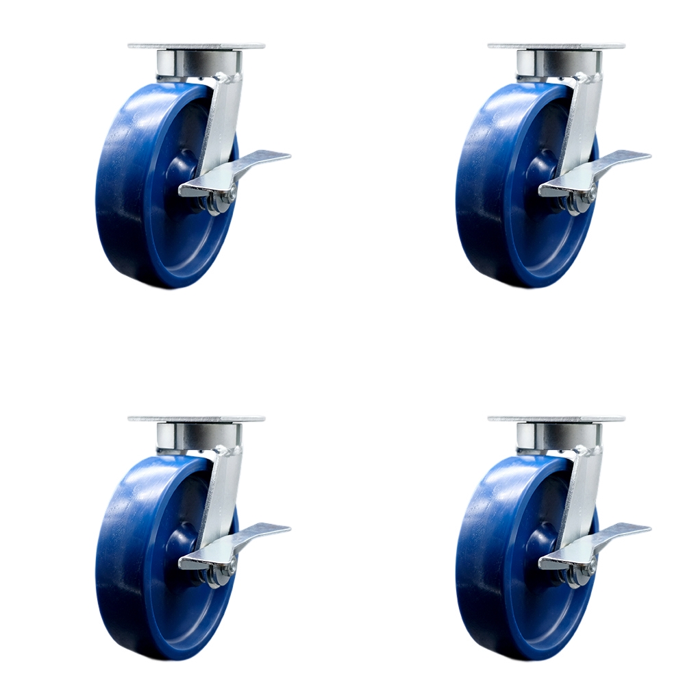 SCC-KP30S820-SPUR-SLB-4 Kingpinless Solid Polyurethane Swivel Top Plate Caster with 8 x 2 in. Blue Wheels - 4800 lbs Total Capacity - Set of 4