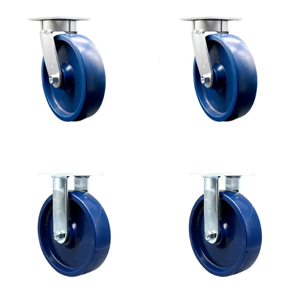 SCC-KP30S820-SPUR-BSL-2-R-2 Kingpinless Solid Polyurethane Swivel Top Plate Caster with 8 x 2 in. Blue Wheels - 4800 lbs Total Capacity - Set of 4