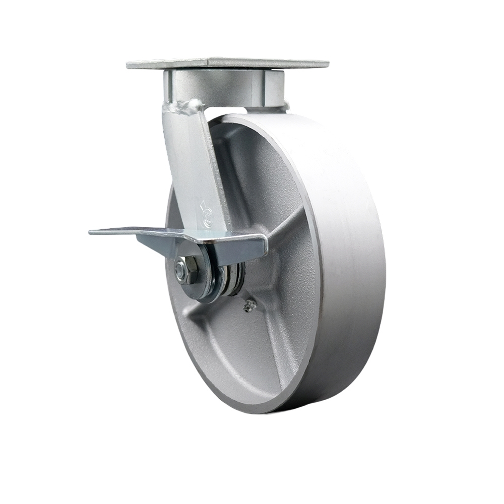 Kingpinless Semi Steel Cast Iron Swivel Top Plate Caster with 8 x 2 in. Silver Wheel & Side Lock Brake - 1250 lbs Capacity per Caster