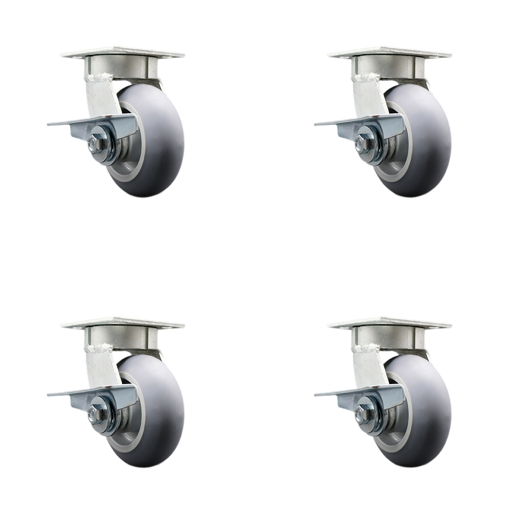 Kingpinless Thermo Rubber Donut Tread Swivel Top Plate Caster with 5 x 2 in. Gray Wheels - 1400 lbs Total Capacity - Set of 4