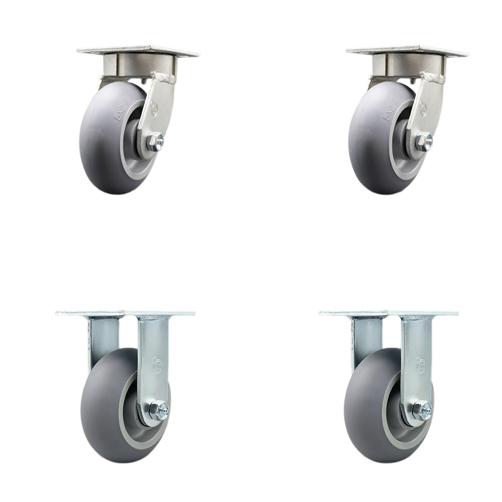 Kingpinless Thermo Rubber Donut Tread Swivel Top Plate Caster with 5 x 2 in. Gray Wheels - 1400 lbs Total Capacity - Set of 4