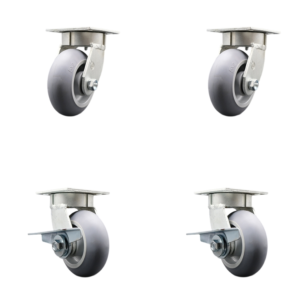 Kingpinless Thermo Rubber Donut Tread Swivel Top Plate Caster with 5 x 2 in. Gray Wheels - 1400 lbs Total Capacity - Set of 4