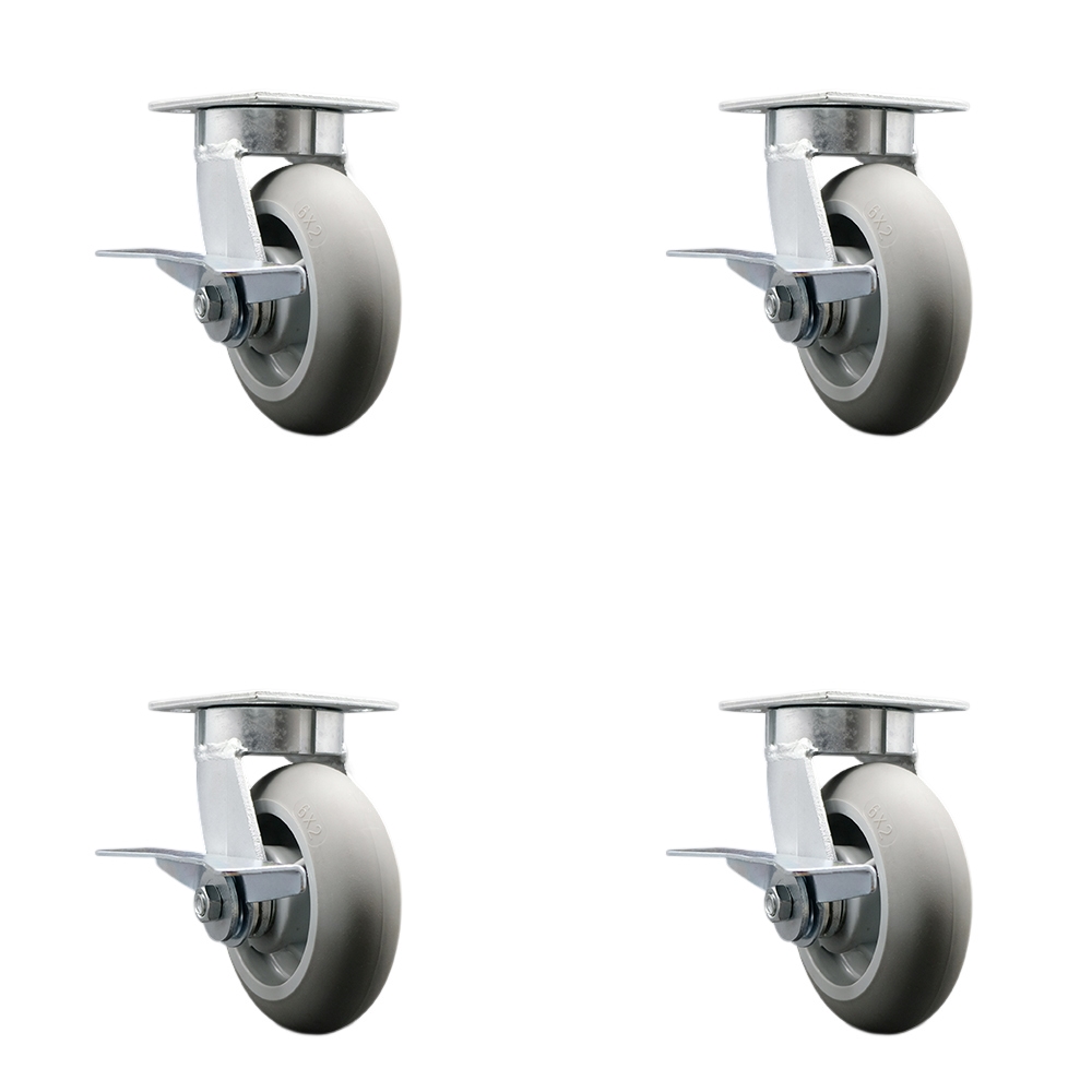 Kingpinless Thermo Rubber Donut Tread Swivel Top Plate Caster with 6 x 2 in. Gray Wheels - 2000 lbs Total Capacity - Set of 4