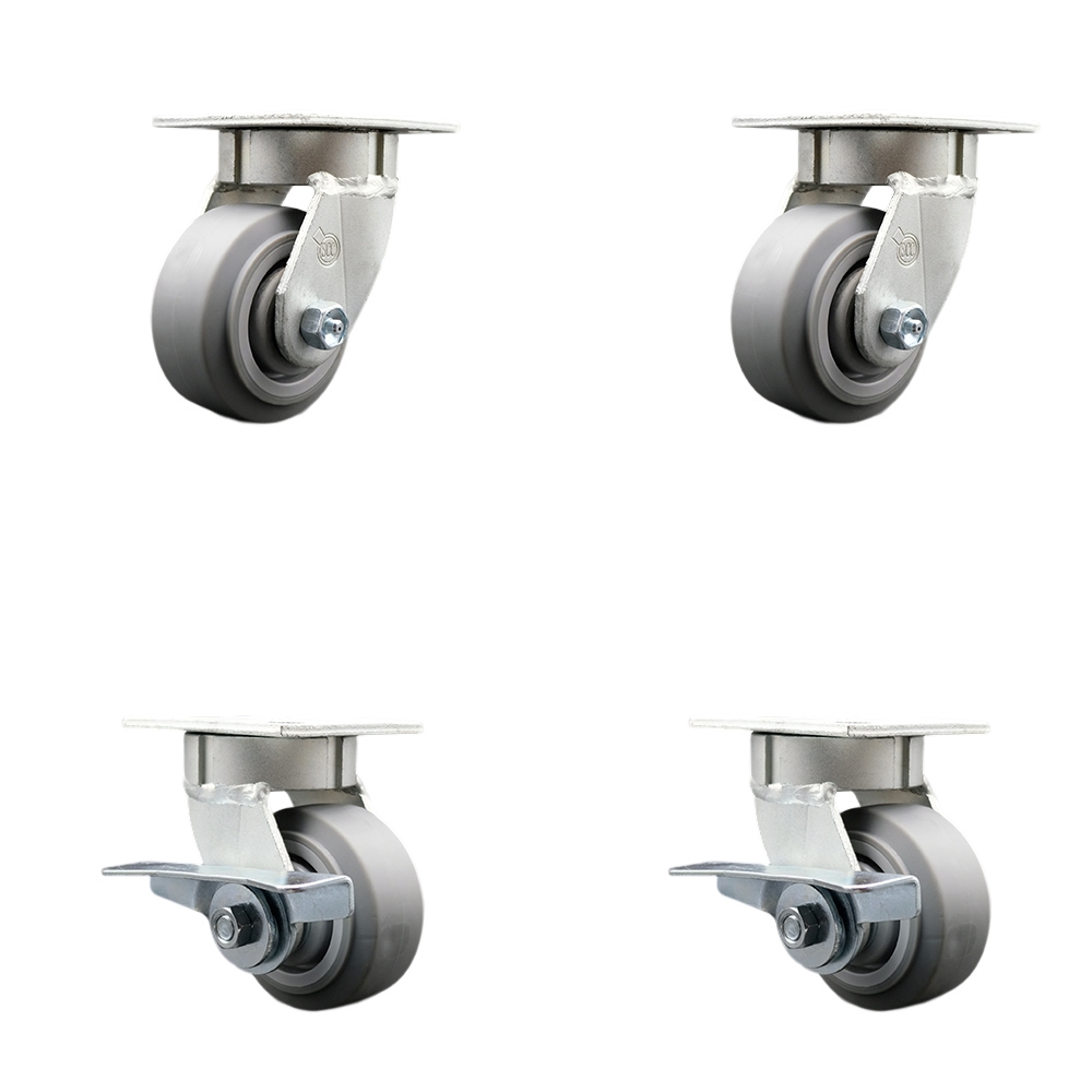 Kingpinless Thermo Rubber Flat Tread Swivel Top Plate Caster with 4 x 2 in. Gray Wheels - 1200 lbs Total Capacity - Set of 4