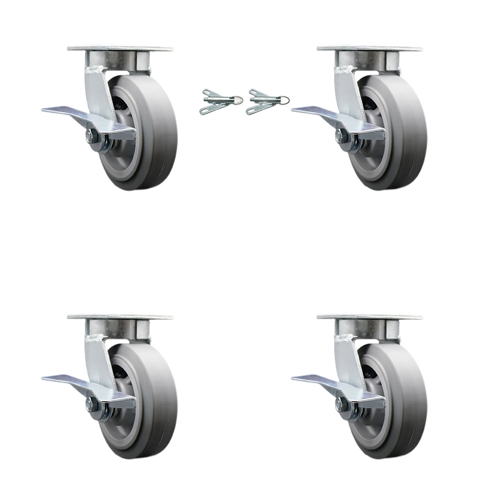Kingpinless Thermo Rubber Flat Tread Swivel Top Plate Caster with 6 x 2 in. Gray Wheels - 2000 lbs Capacity - Set of 4