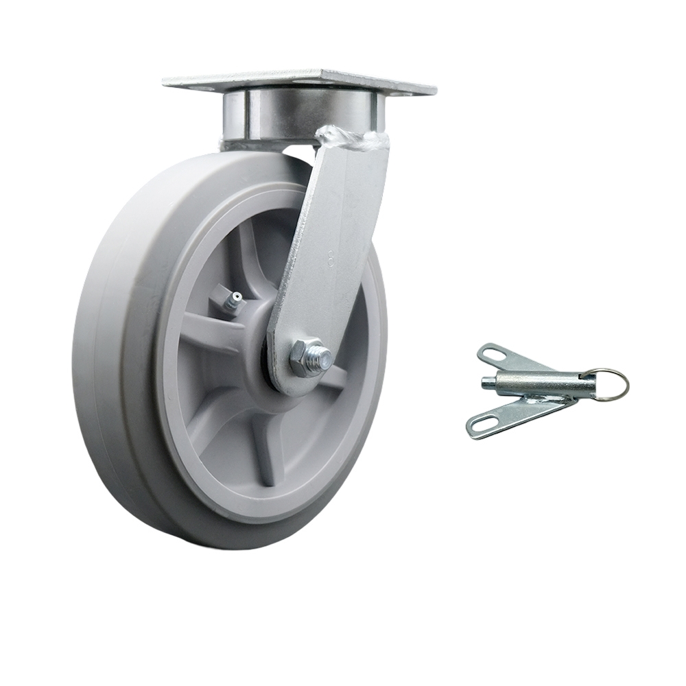 Kingpinless Thermo Rubber Flat Tread Swivel Top Plate Caster with 8 x 2 in. Gray Wheel & Bolt on Swivel Lock - 600 lbs Capacity per Caster