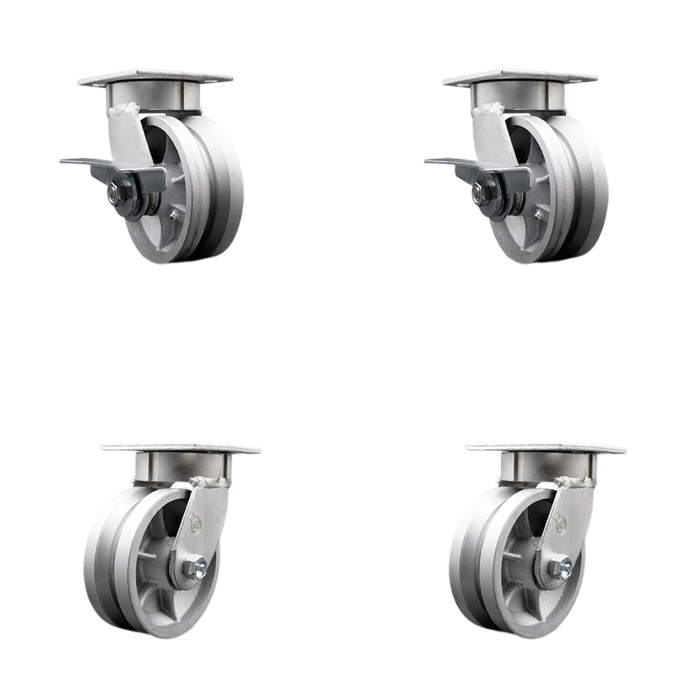 SCC-KP30S520-VGR-SLB-BSL-2-BSL-2 Kingpinless V Groove Semi Steel Swivel Top Plate Caster with 5 x 2 in. Silver Wheels - 4400 lbs Capacity - Set of 4