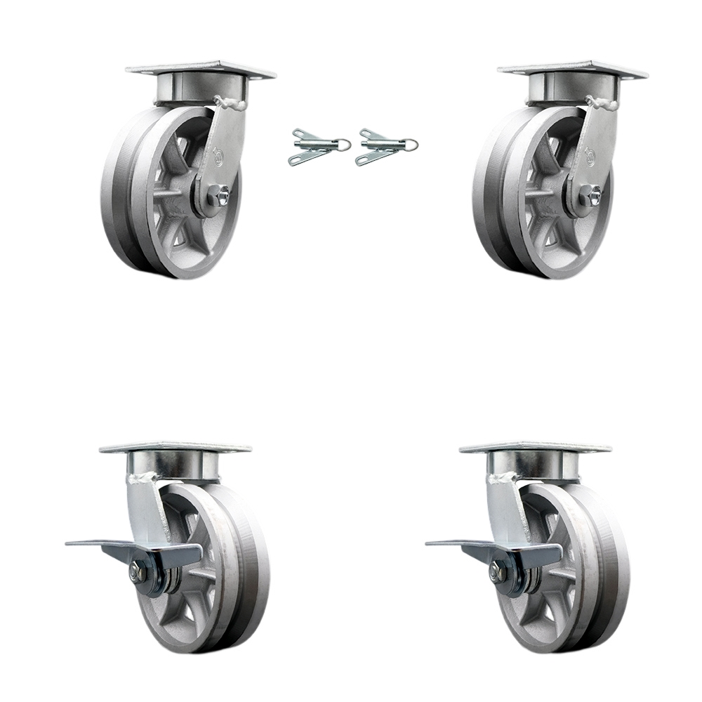Kingpinless V Groove Semi Steel Swivel Top Plate Caster with 6 x 2 in. Silver Wheels - 4800 lbs Total Capacity - Set of 4