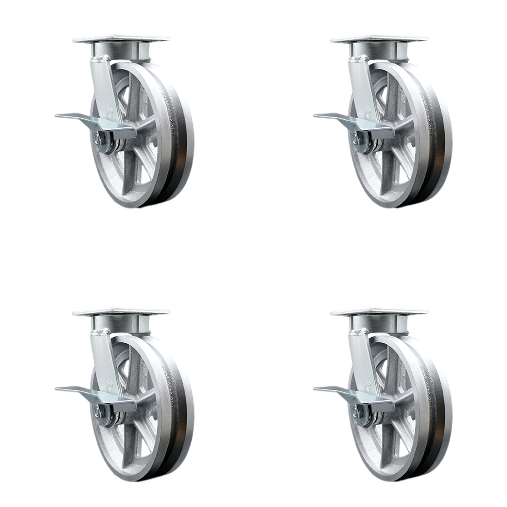 SCC-KP30S820-VGR-SLB-4 Kingpinless V Groove Semi Steel Swivel Top Plate Caster with 8 x 2 in. Silver Wheels - 5000 lbs Total Capacity - Set of 4