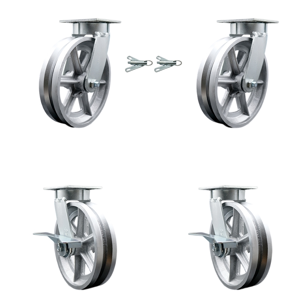Kingpinless V Groove Semi Steel Swivel Top Plate Caster with 8 x 2 in. Silver Wheels - 5000 lbs Total Capacity - Set of 4