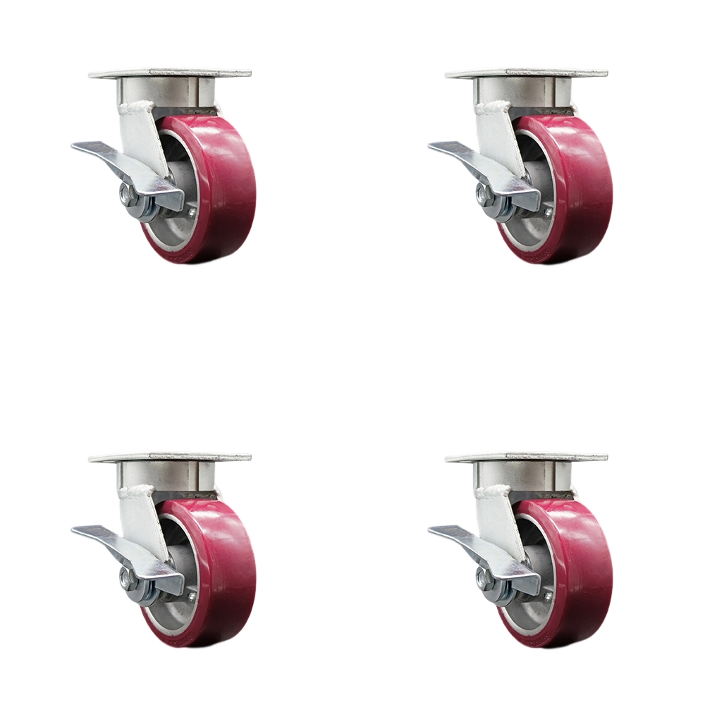 Kingpinless Polyurethane on Aluminum Swivel Top Plate Caster with 5 x 2 in. Maroon Wheels - 3600 lbs Total Capacity - Set of 4