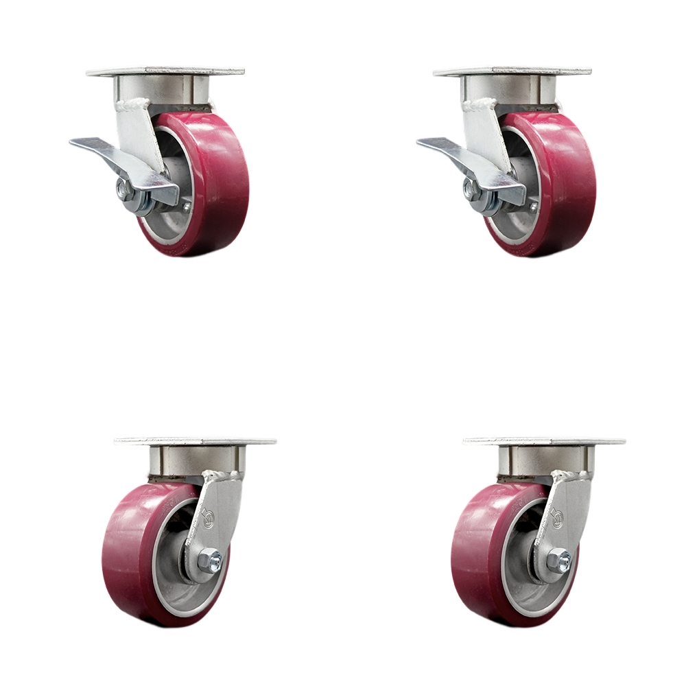 SCC-KP30S520-PAR-SLB-BSL-2-BSL-2 Kingpinless Poly on Aluminum Swivel Top Plate Caster with 5 x 2 in. Maroon Wheels - 3600 lbs Capacity - Set of 4