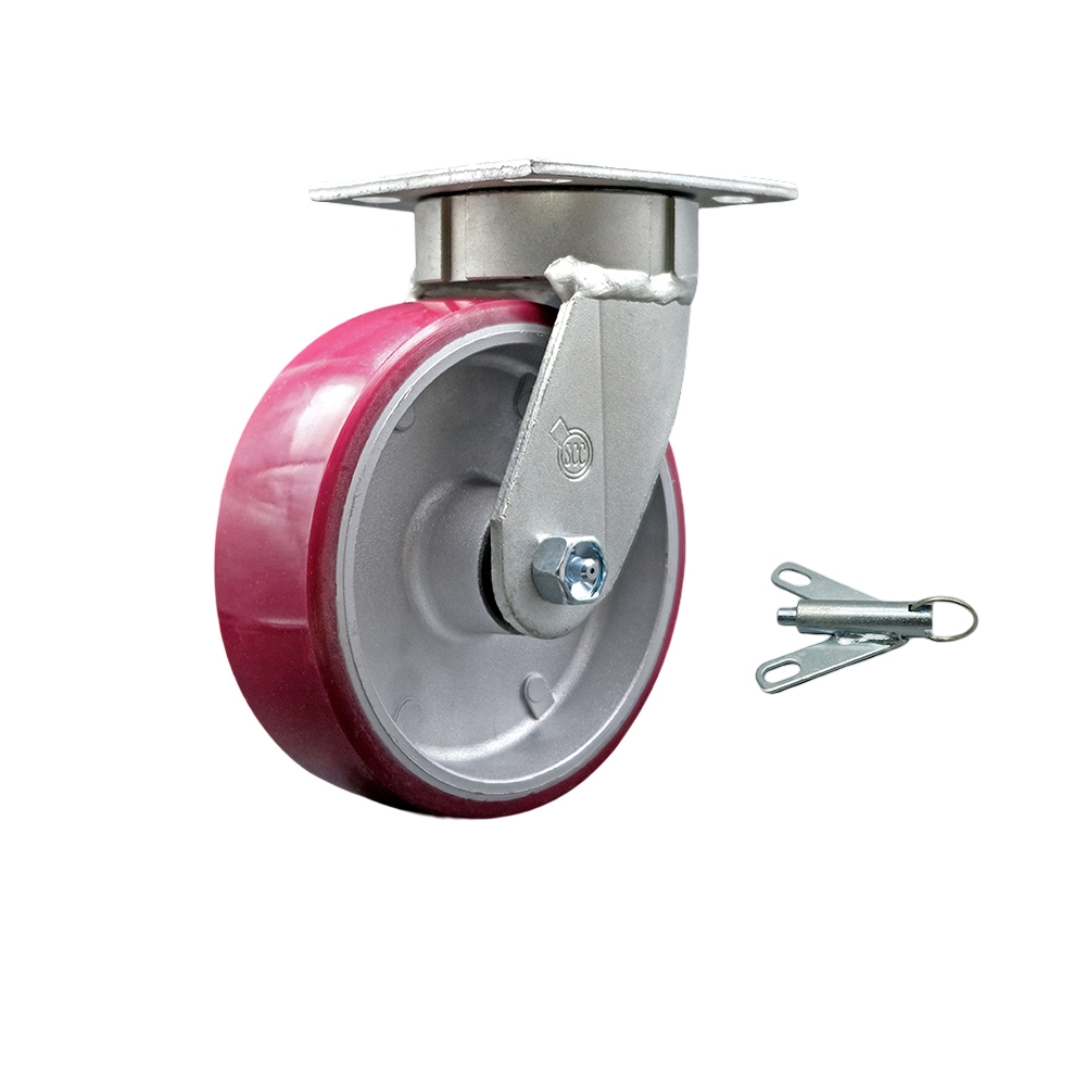 Kingpinless Polyurethane on Aluminum Swivel Top Plate Caster with 6 x 2 in. Maroon Wheel & Bolt on Swivel Lock - 1200 lbs Capacity per Caster
