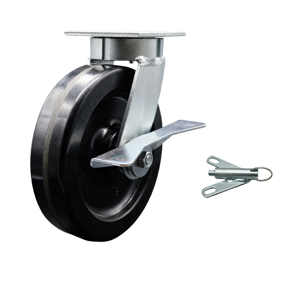 Kingpinless Phenolic Swivel Top Plate Caster with 8 x 2 in. Black Wheel & Side Lock Brake & Bolt on Swivel Lock - 1250 lbs Capacity per Caster