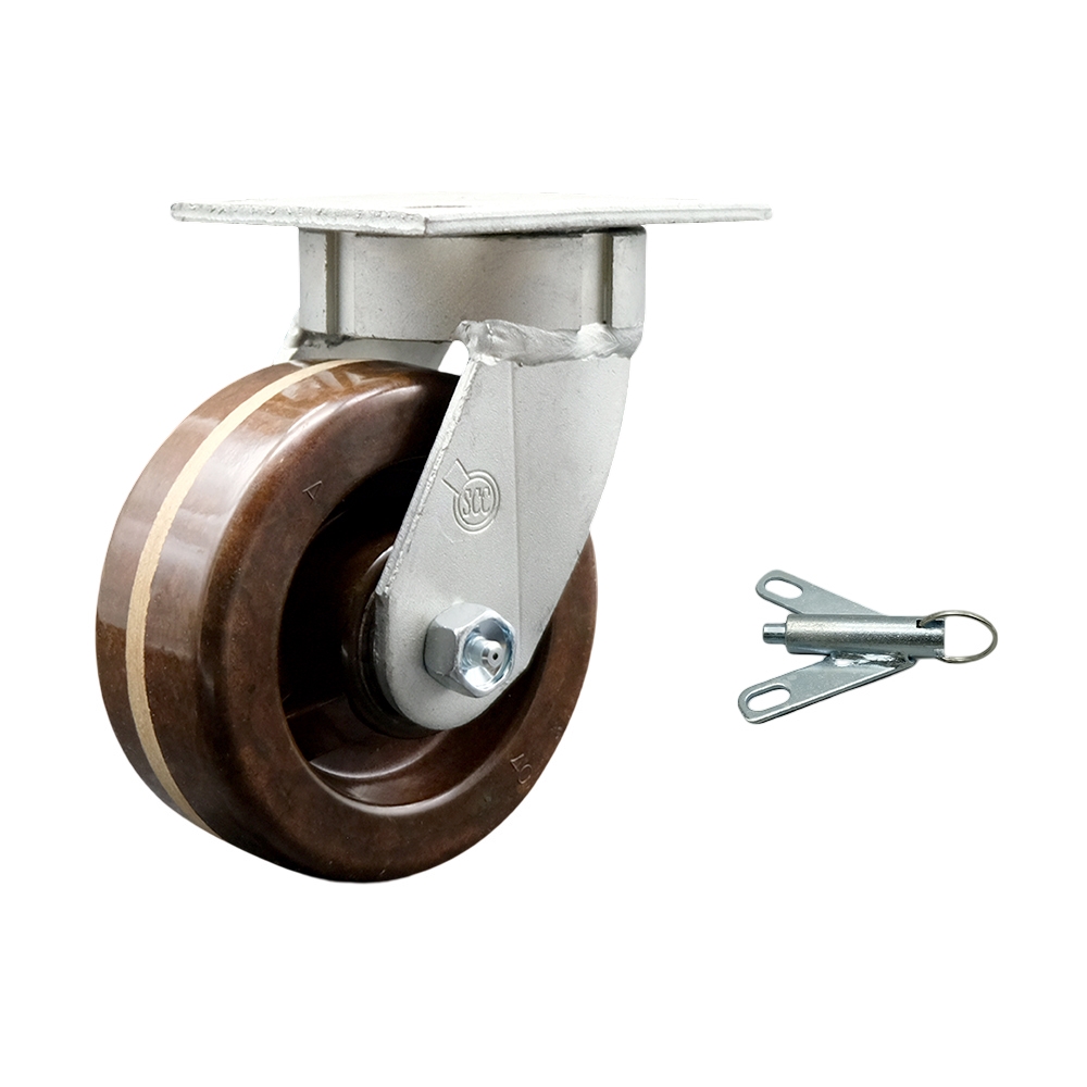 Kingpinless High Temperature Phenolic Swivel Top Plate Caster with 5 x 2 in. Brown Wheel & Bolt on Swivel Lock - 1000 lbs Capacity per Caster