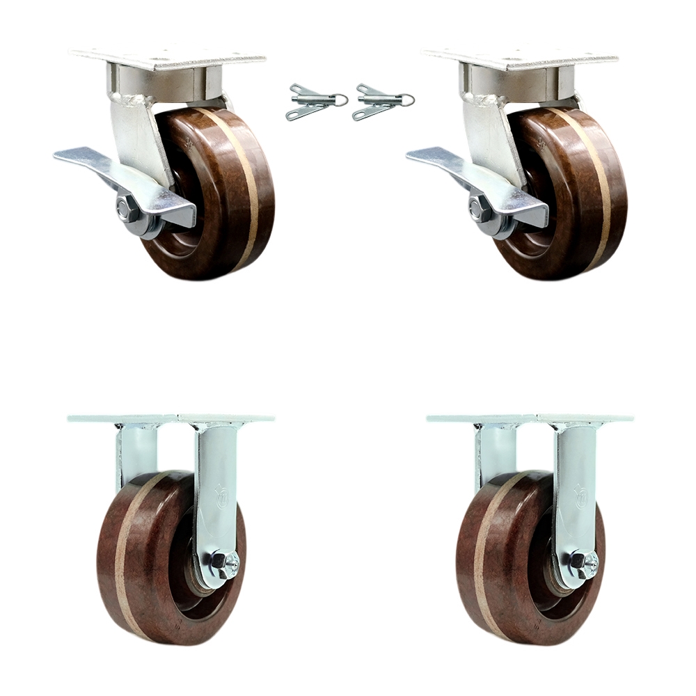 Kingpinless High Temperature Phenolic Swivel Top Plate Caster with 5 x 2 in. Brown Wheels - 4000 lbs Total Capacity - Set of 4