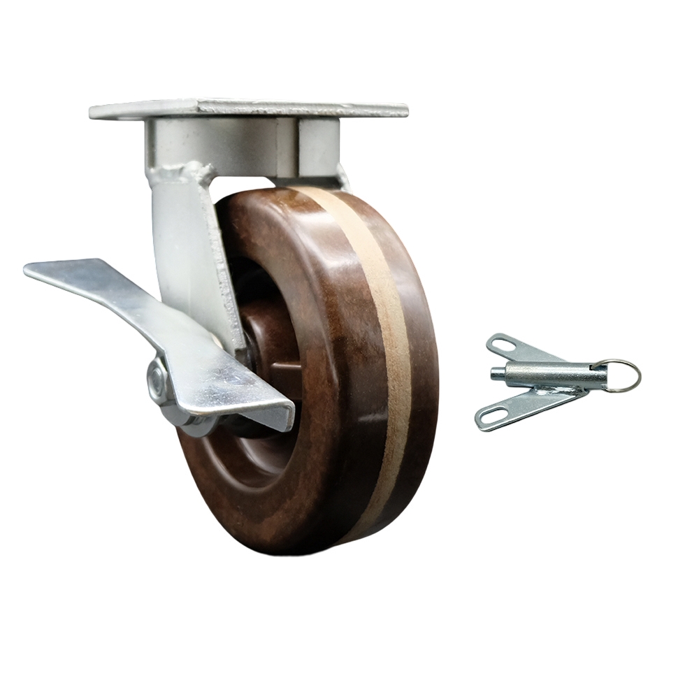Kingpinless High Temperature Phenolic Swivel Top Plate Caster with 6 x 2 in. Brown Wheel & Side Lock Brake & Bolt on Swivel Lock - 1200 lbs Capacity