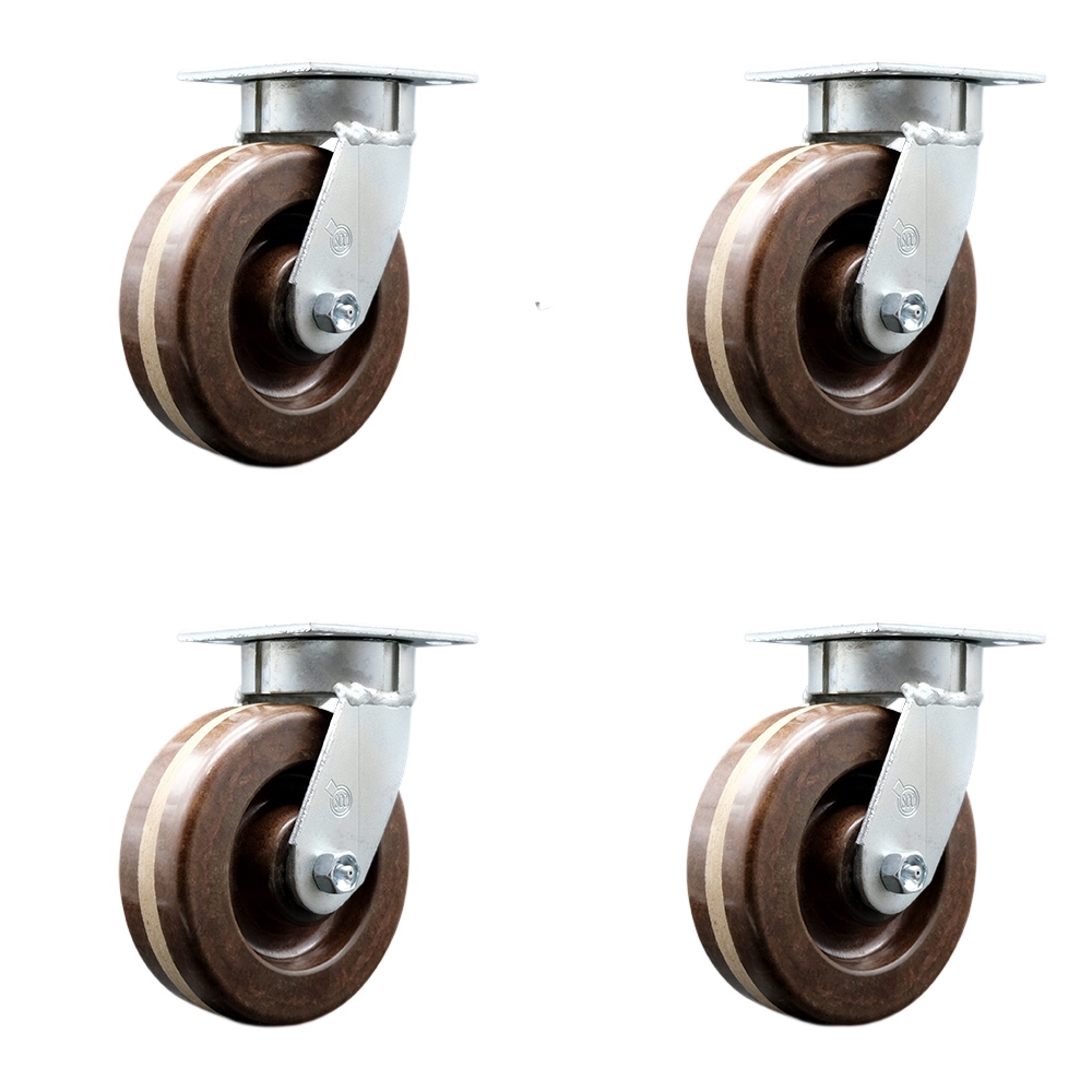 Kingpinless High Temperature Phenolic Swivel Top Plate Caster with 6 x 2 in. Brown Wheels - 4800 lbs Total Capacity - Set of 4