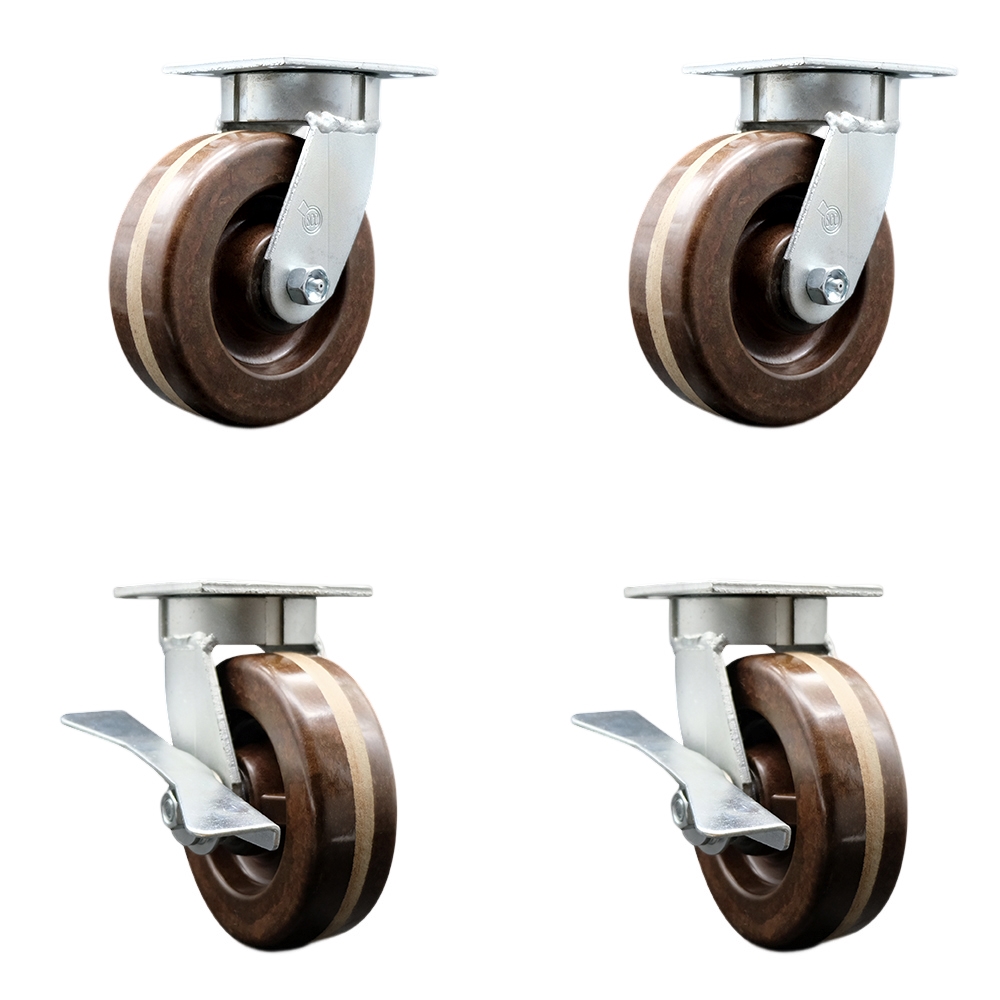 Kingpinless High Temperature Phenolic Swivel Top Plate Caster with 6 x 2 in. Brown Wheels - 4800 lbs Total Capacity - Set of 4
