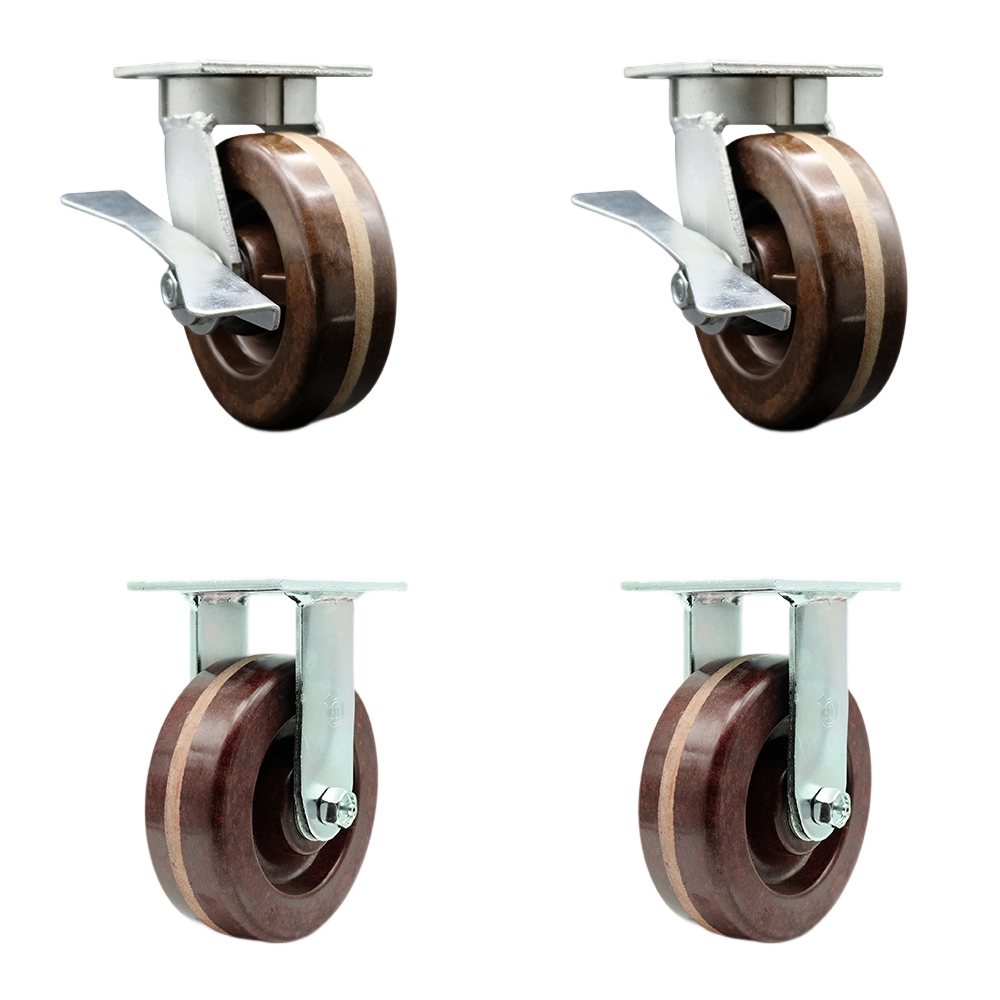 Kingpinless High Temperature Phenolic Swivel Top Plate Caster with 6 x 2 in. Brown Wheels - 4800 lbs Total Capacity - Set of 4