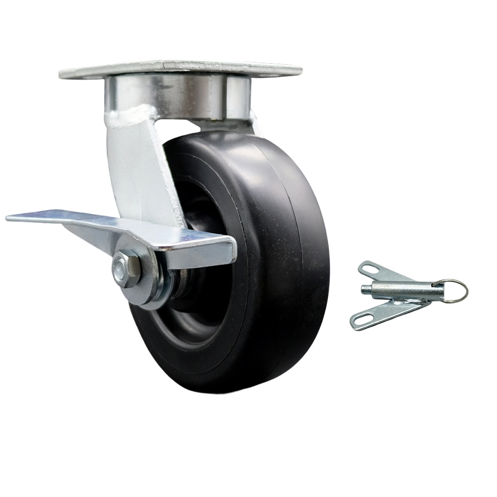 Kingpinless Polyolefin Swivel Top Plate Caster with 6 x 2 in. Black Wheel & Side Lock Brake & Bolt on Swivel Lock - 700 lbs Capacity per Caster