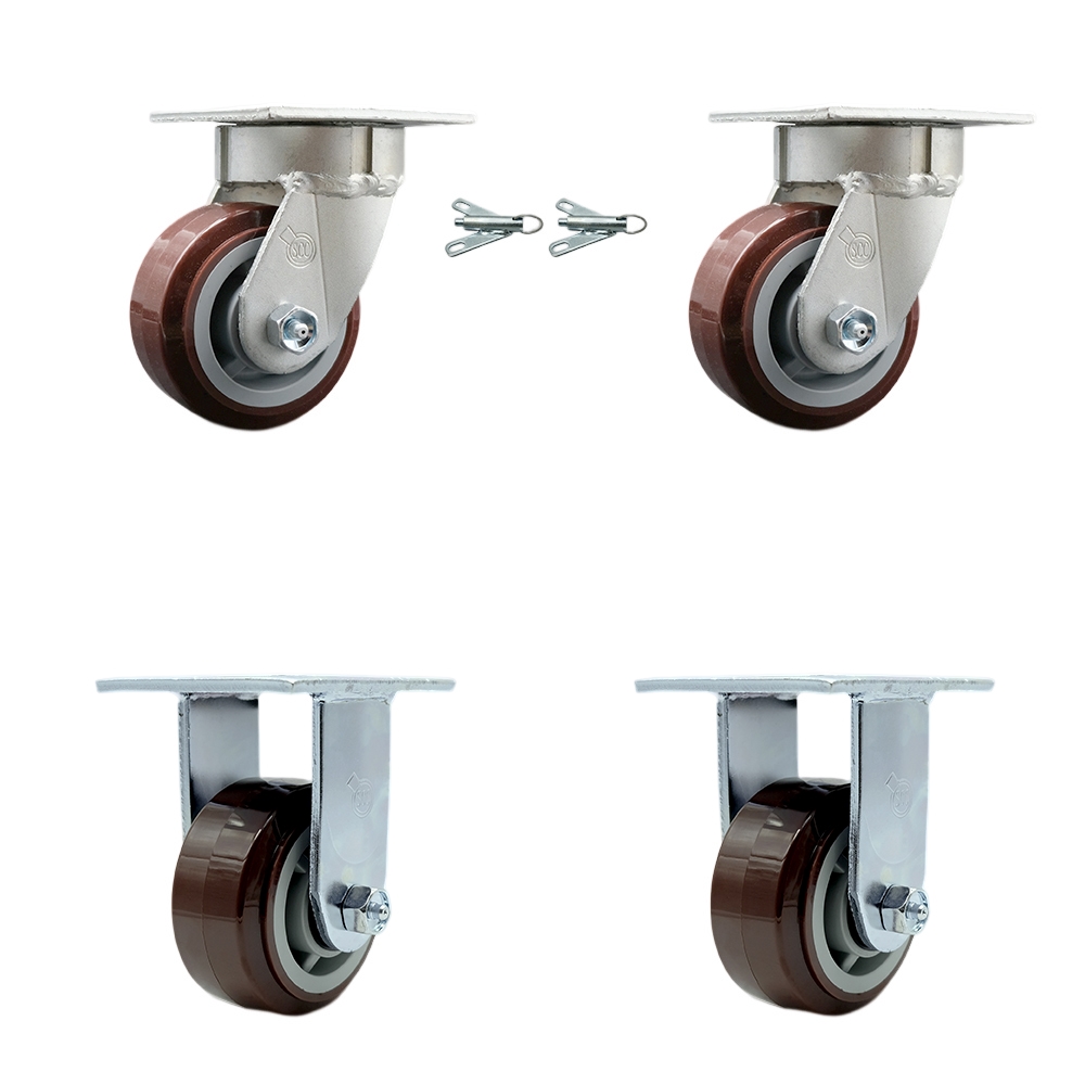 Kingpinless Polyurethane on Polyolefin Swivel Top Plate Caster with 4 x 2 in. Maroon Wheels - 2400 lbs Total Capacity - Set of 4