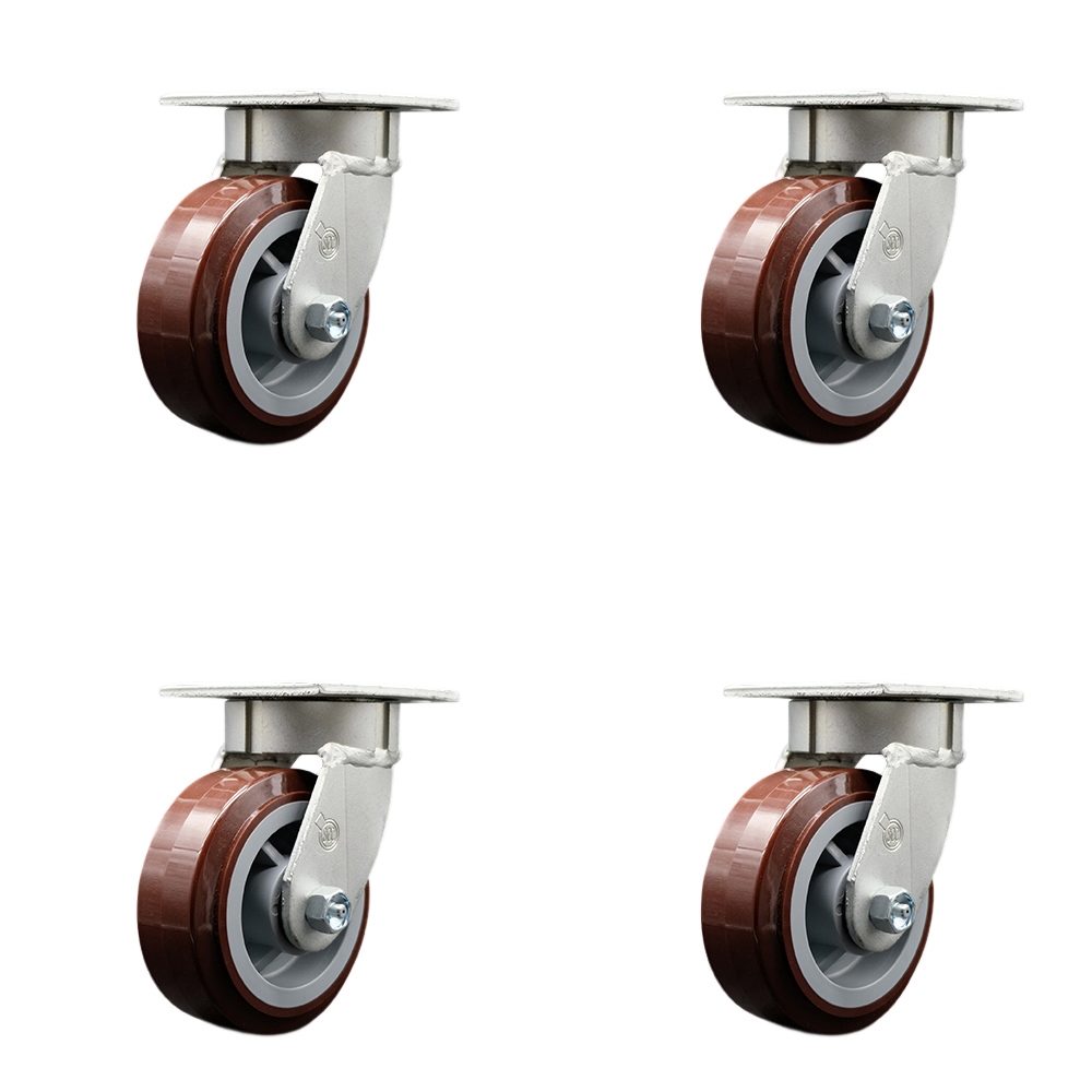 SCC-KP30S520-PPUR-4 Kingpinless Polyurethane on Polyolefin Swivel Top Plate Caster with 5 x 2 in. Maroon Wheels - 3000 lbs Total Capacity - Set of 4