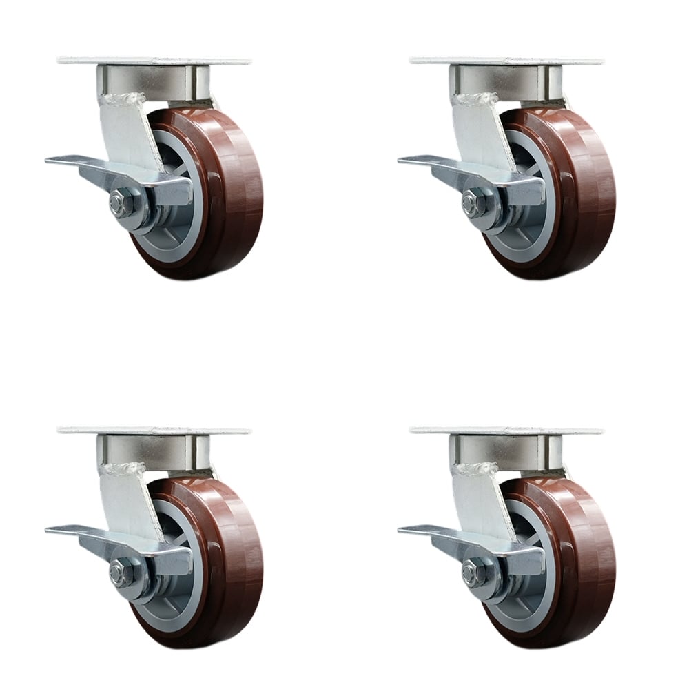 Kingpinless Polyurethane on Polyolefin Swivel Top Plate Caster with 5 x 2 in. Maroon Wheels - 3000 lbs Total Capacity - Set of 4