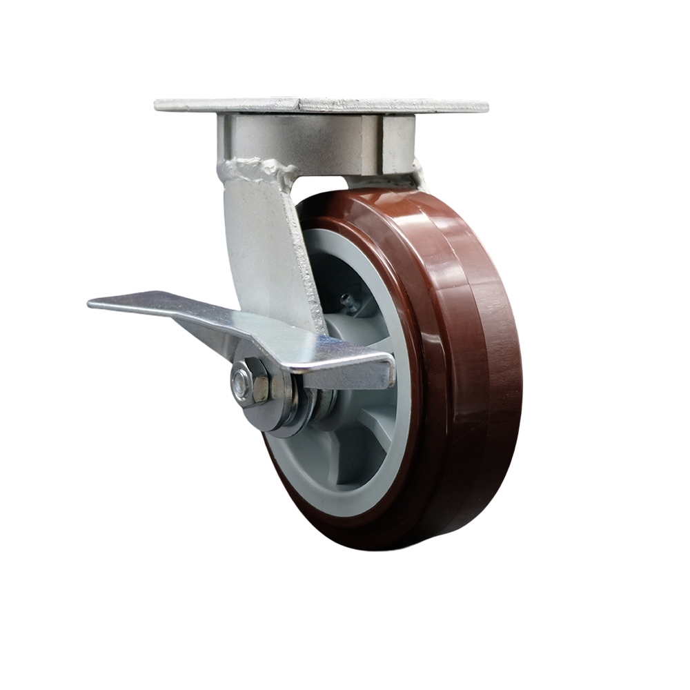 Kingpinless Polyurethane on Polyolefin Swivel Top Plate Caster with 6 x 2 in. Maroon Wheel & Side Lock Brake - 900 lbs Capacity per Caster