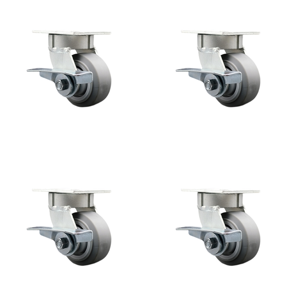 SCC-KP30S420-TPRRF-SLB-4 Kingpinless Thermo Rubber Flat Tread Swivel Top Plate Caster with 4 x 2 in. Gray Wheels - 1200 lbs Total Capacity - Set of 4