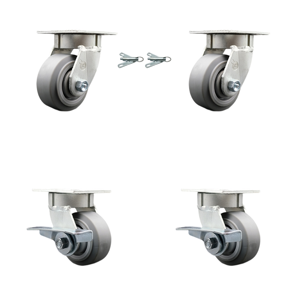 SCC-KP30S420-TPRRF-BSL-2-SLB-2 Kingpinless Thermo Rubber Flat Tread Swivel Top Plate Caster with 4 x 2 in. Gray Wheels - 1200 lbs Capacity - Set of 4