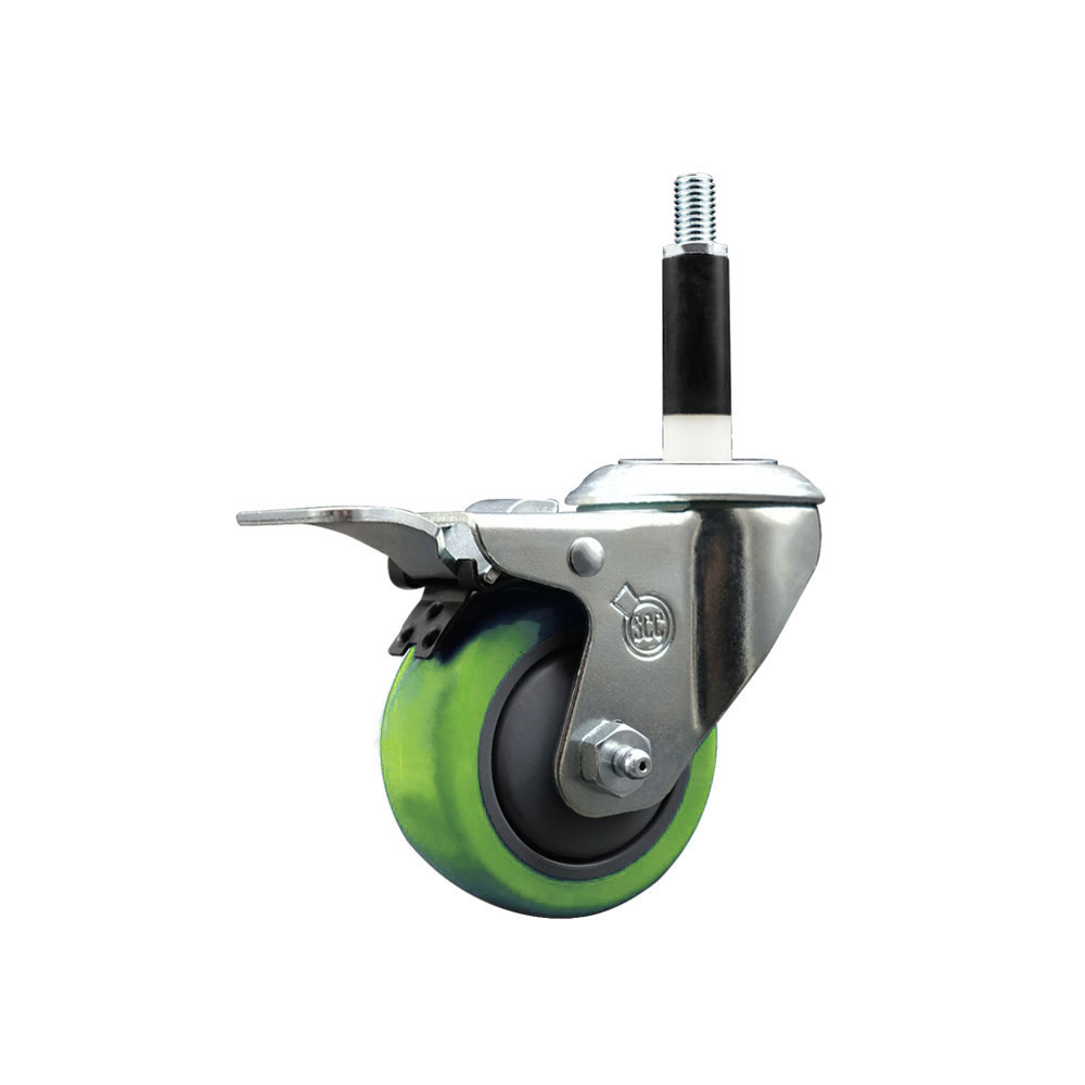 SCC-SSEXTTL20S314-PPUB-GRN-78 Stainless Steel Polyurethane Expanding Stem Swivel Caster with 3 in. Green Wheel & 0.87 in. Stem & Total Locking Brake