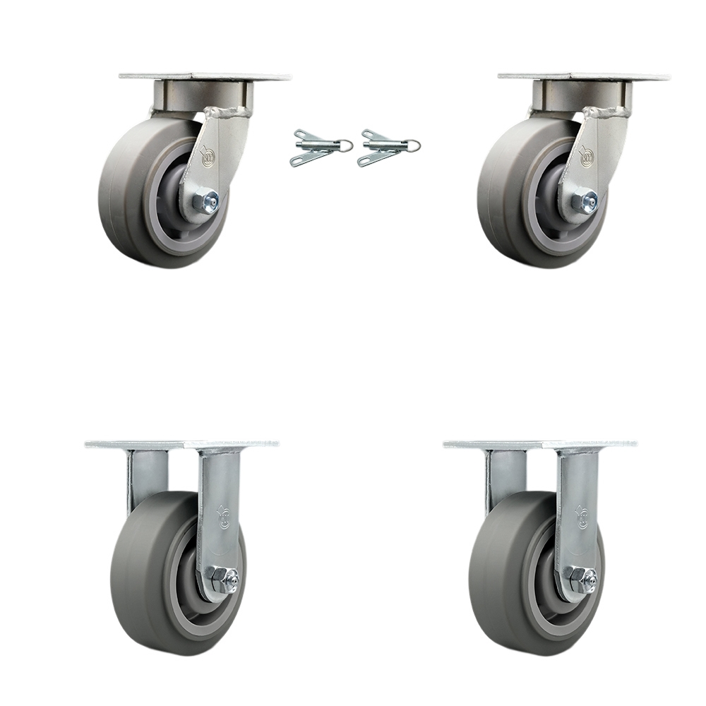 Kingpinless Thermo Rubber Flat Tread Swivel Top Plate Caster with 5 x 2 in. Gray Wheels - 1400 lbs Total Capacity - Set of 4