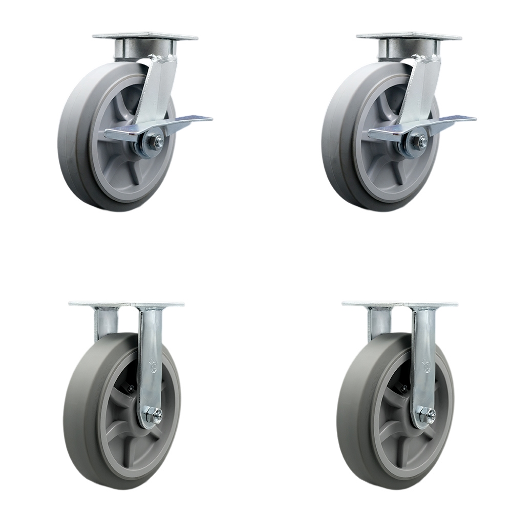 Kingpinless Thermo Rubber Flat Tread Swivel Top Plate Caster with 8 x 2 in. Gray Wheels - 2400 lbs Total Capacity - Set of 4
